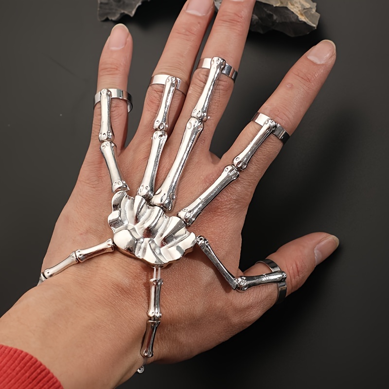 Punk Skull Hand Bone Five Finger Ring Bracelet Chain